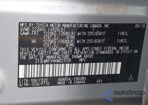 2019 Toyota Rav4 Hybrid Le из США, поврежденный, VIN 2T3LWRFV4KW021726